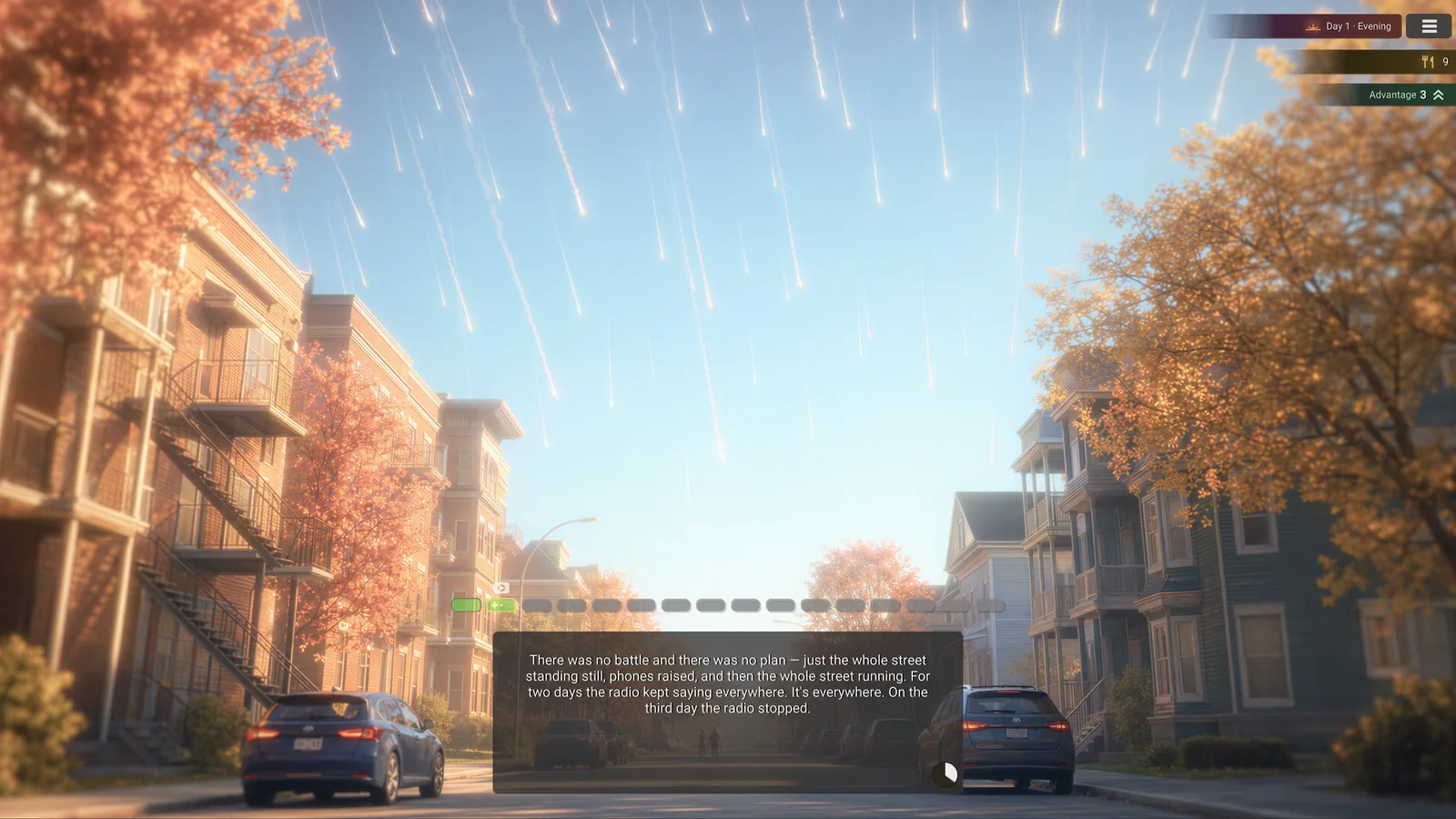 In-game screenshot: a shower of falling stars over a quiet autumn street at evening, with a passage of narration