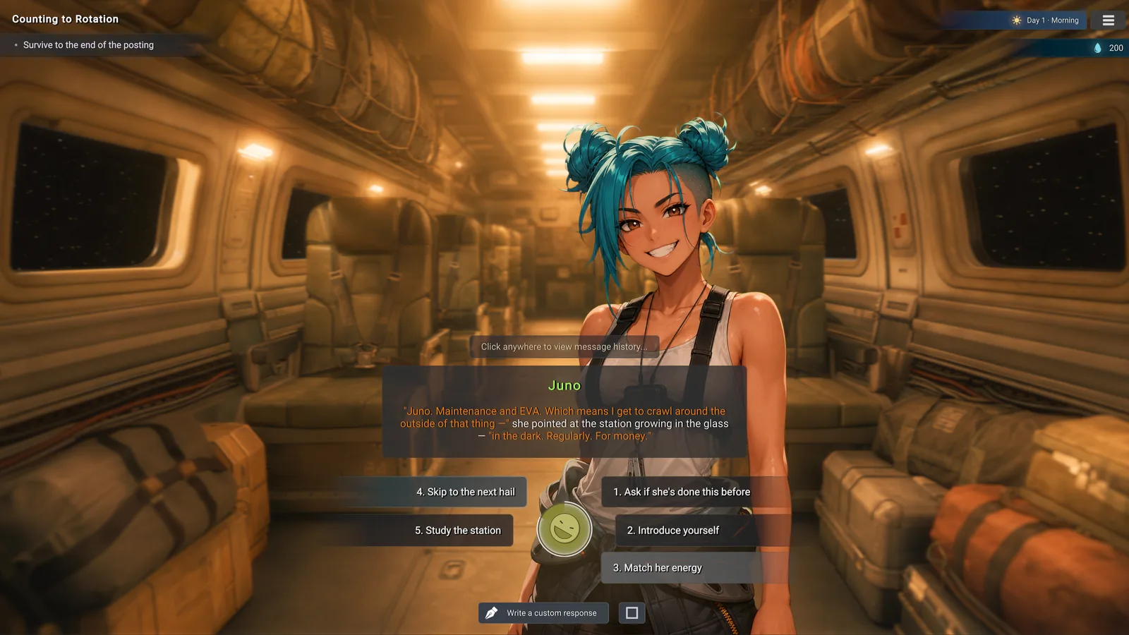 In-game screenshot: a grinning mechanic with blue hair in a shuttle cabin, with five numbered choices and a custom response box
