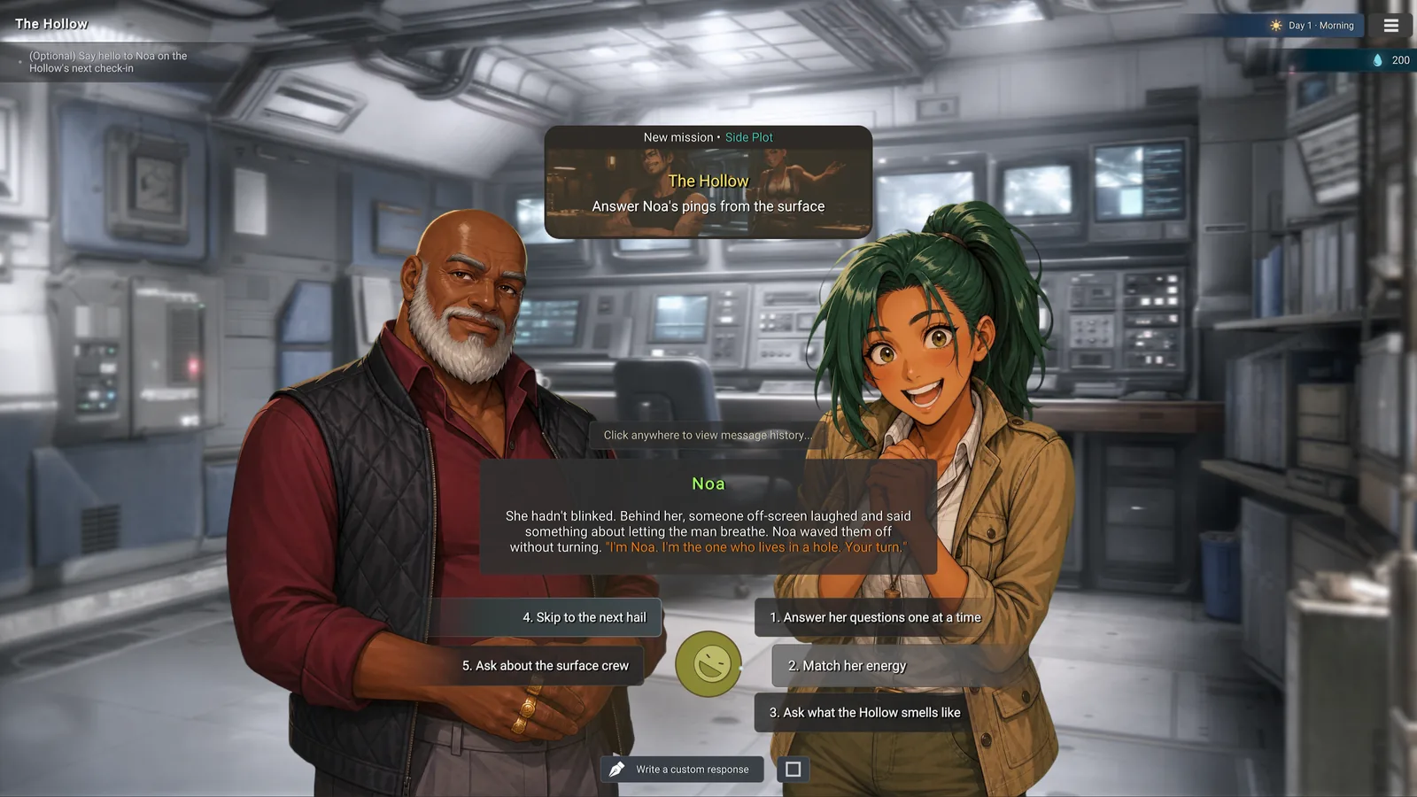 In-game screenshot: a beaming woman and an older man in a station control room as a new side-plot mission appears on screen