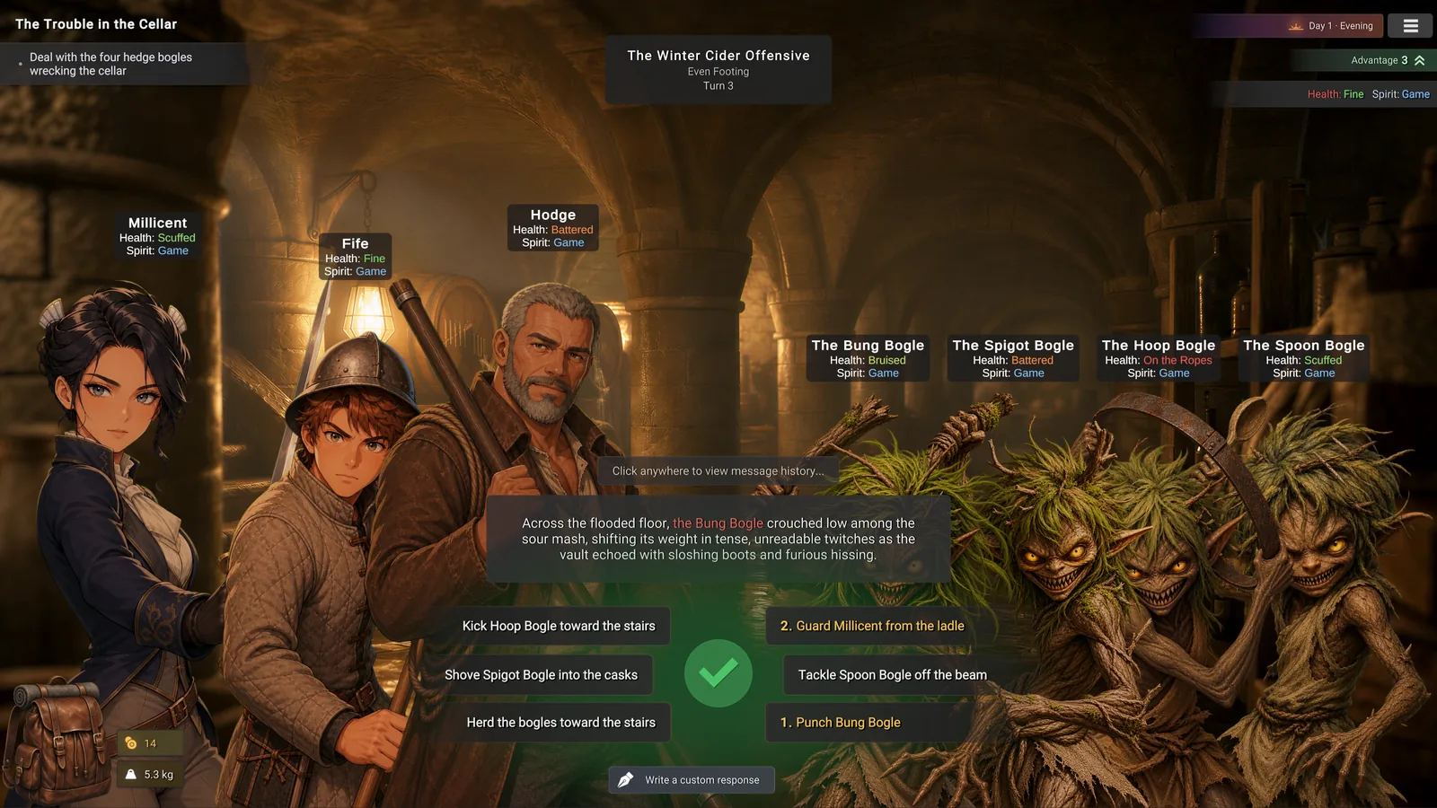 In-game screenshot of combat: three companions face four hedge bogles in a flooded cellar, with health and spirit shown for every fighter and a turn counter