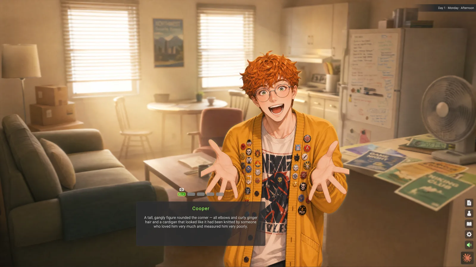 In-game screenshot: a grinning character in a sunlit apartment introduced by the narrator
