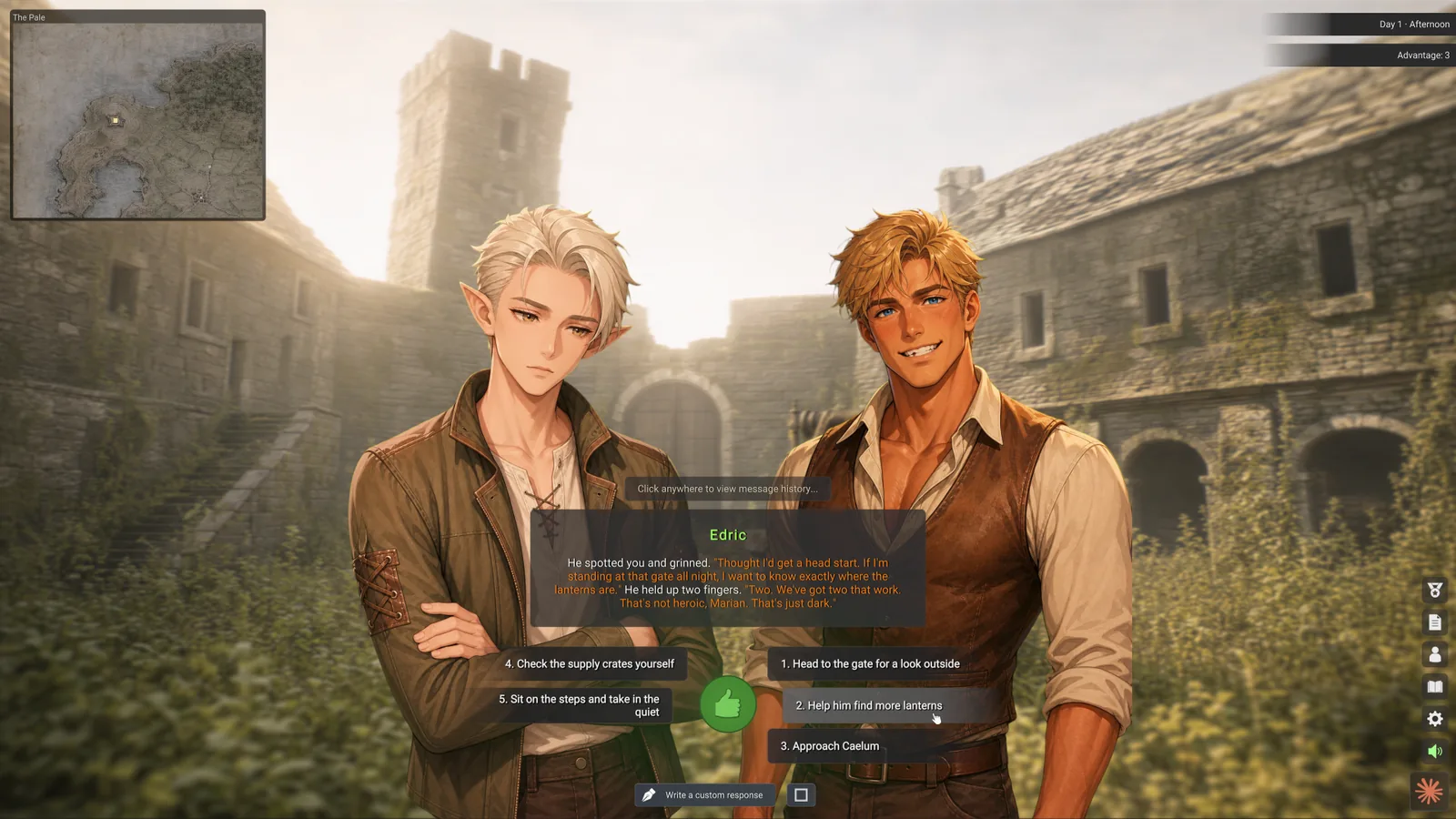 In-game screenshot: two companions in a ruined courtyard, with numbered choices and a custom response box
