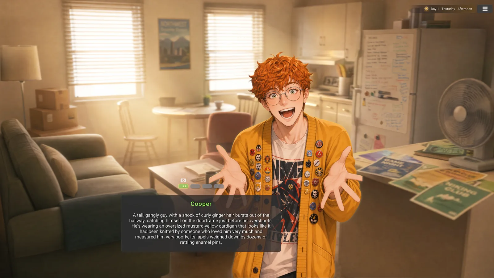 In-game screenshot: a gangly redhead in a pin-covered cardigan bursting into a sunlit apartment, introduced by the narrator